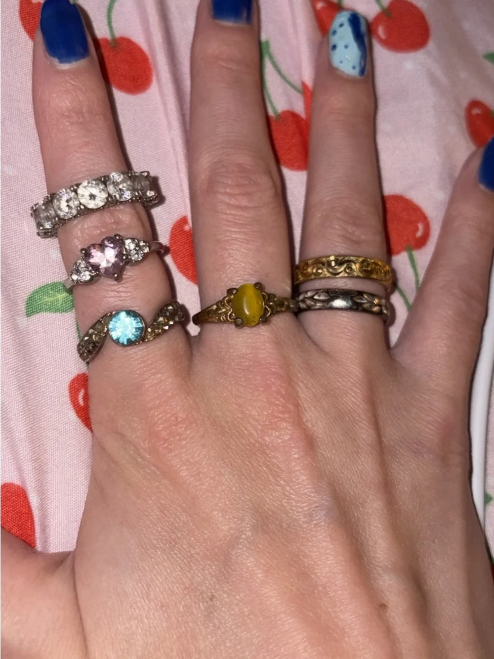 Silver Blue Stone and Mixed Metal Ring Set - Women Jewelry